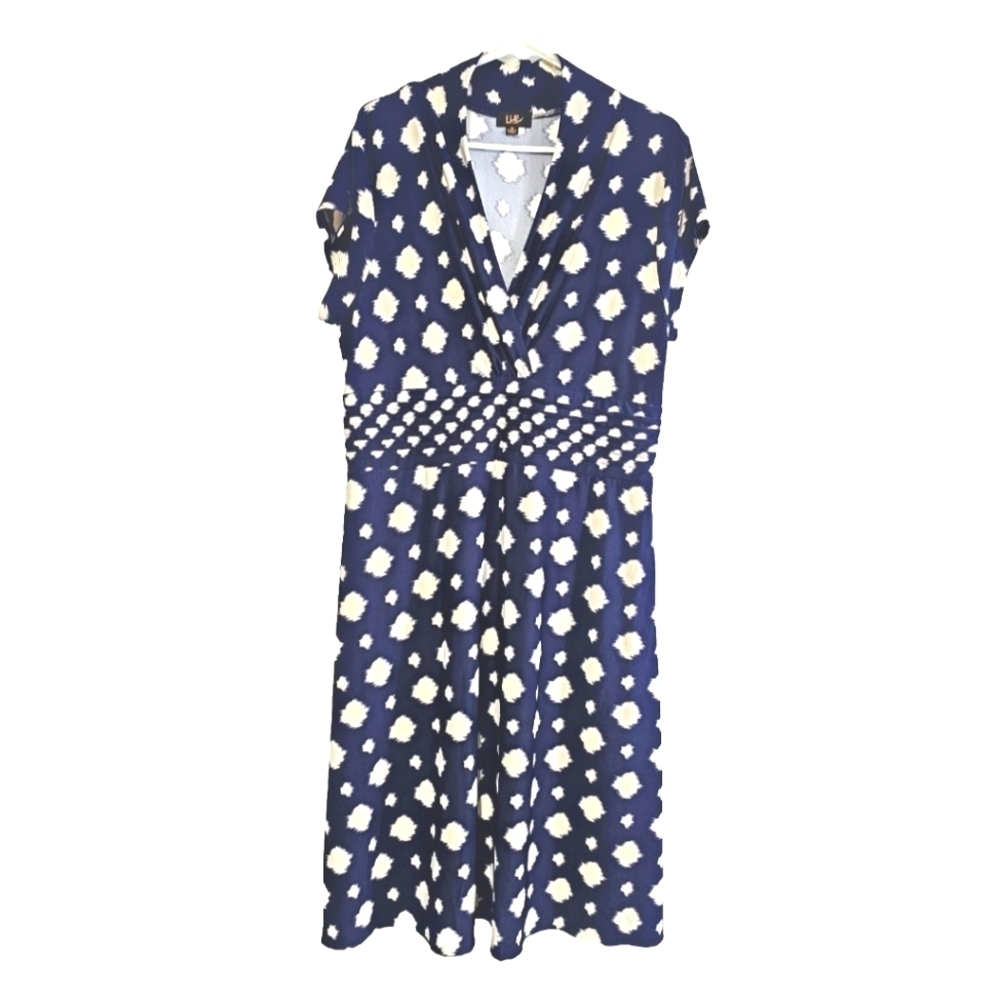 ILE NEW YORK NAVY BLUE BEIGE GEOMETRIC DESIGN PLUS SZ 16 CASUAL PARTY WORK DRESS